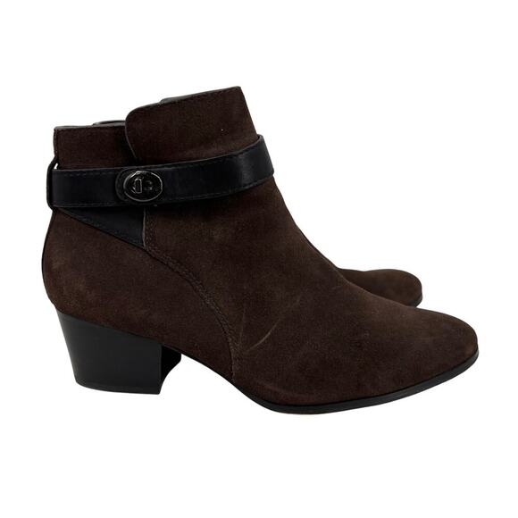 Coach Patricia Ankle Bootie Size 8 Brown Suede Boots Block Heel Side Zip - Picture 1 of 12